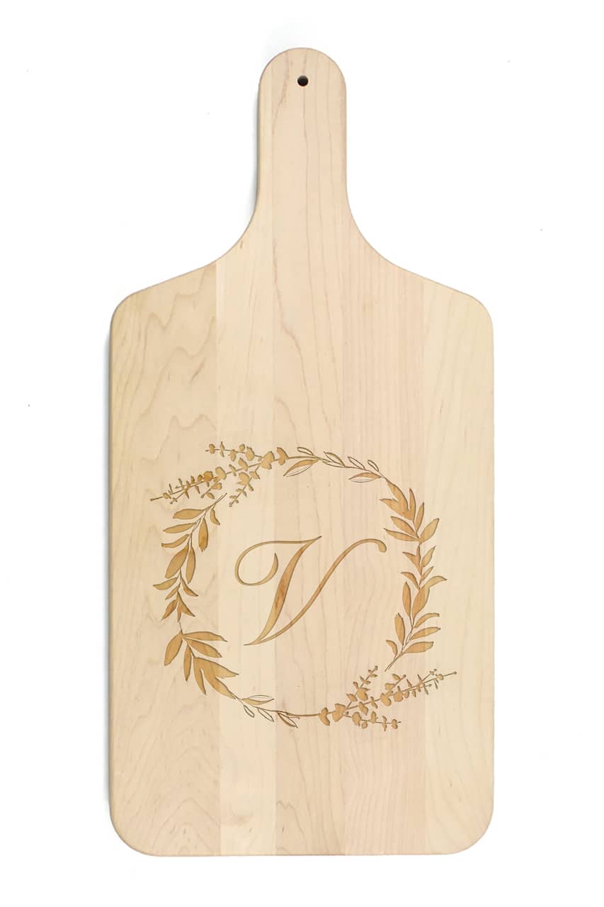 Floral Wreath Monogram Maple Paddle Cutting Board